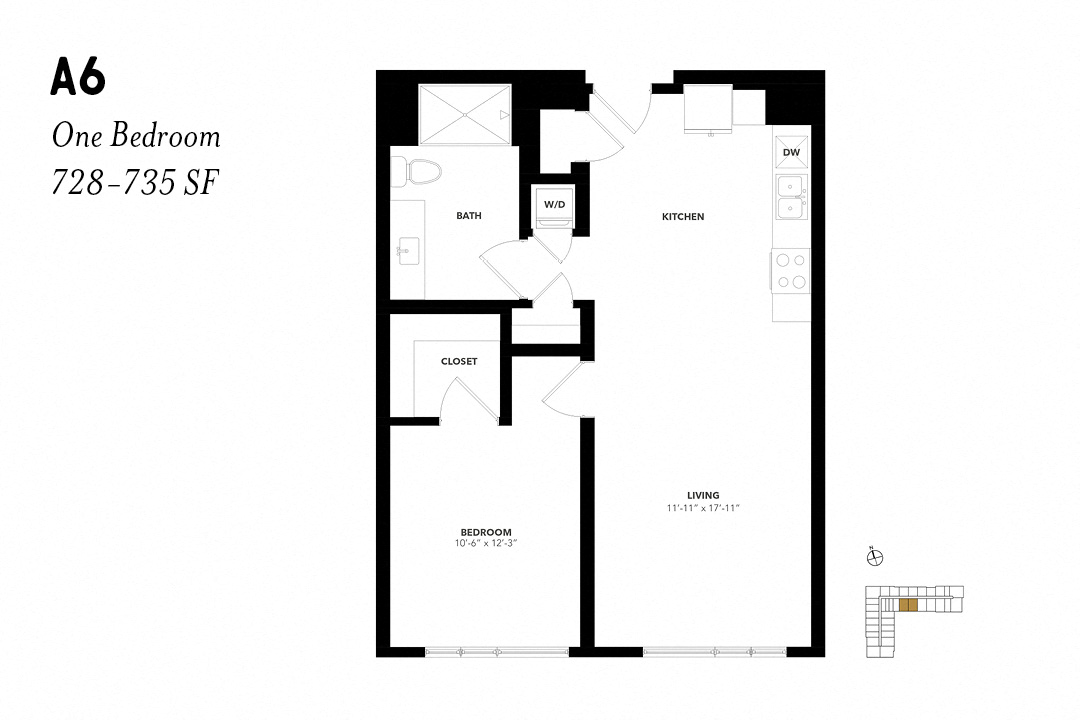Floor plan for 1 bed, 1 bath, 784 sqft
